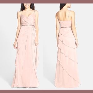 Adrianna Papell [SZ 6 ] Beaded Trim Tiered Chiffon‎ Gown in Blush/Peach